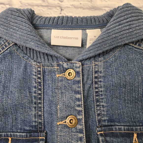 Liz Claiborne Denim Jean Jacket Knit Sleeves Shawl Collar Pocket Cuff Trim sz 14 - Picture 12 of 16